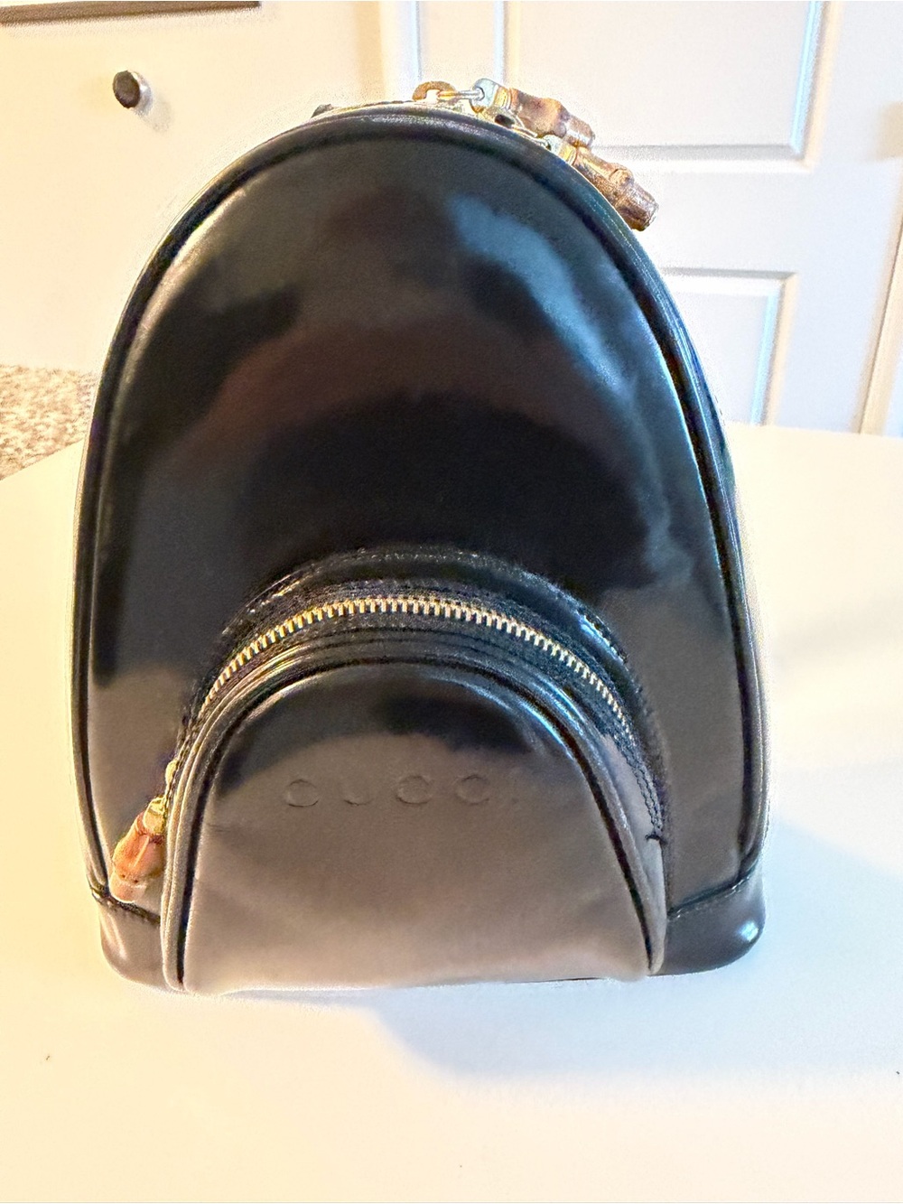Gucci Black Patent Mini Backpack with Gold Zipper
